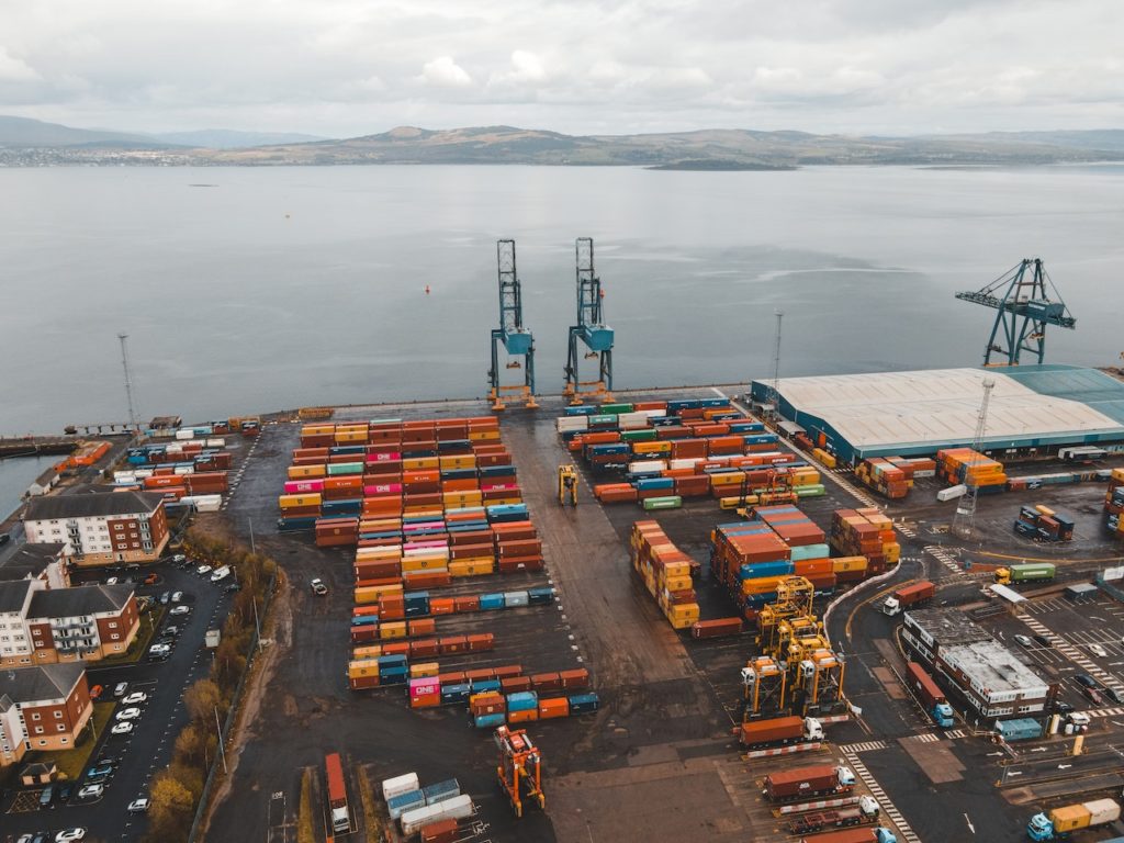 Aerial photo of a container terminal with the ocean as the background
